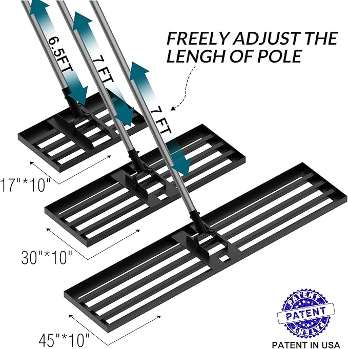 Walensee Lawn Leveling Rake, 7FT 30"x10" Levelawn Tool, Heavy Duty Effort Saving Lawn Level Tool, Steel Handle Lawn Leveler for Yard Garden Golf Course, Ease Level Soil Sand Dirt Surfaces