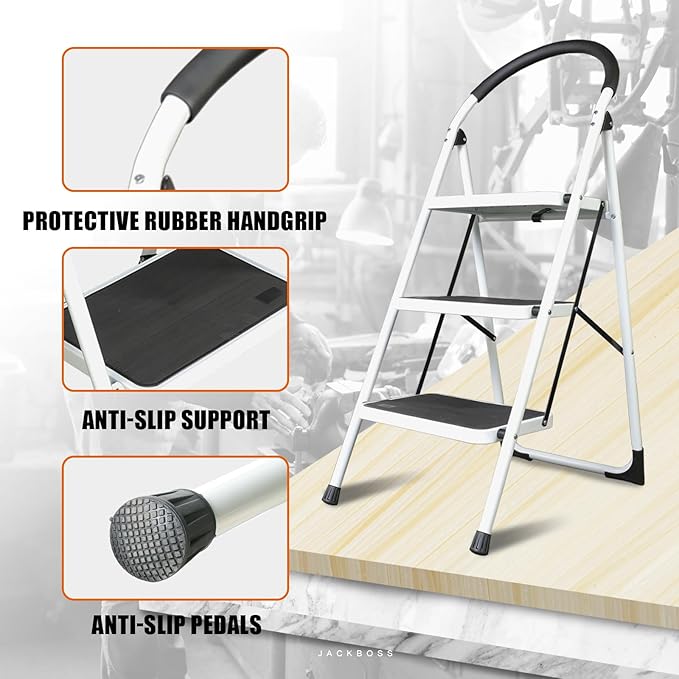 3 Step Ladder, Folding Lightweight Step Stool with Wide Anti-Slip Pedal for Home, Office, Kitchen and Garage, Service Height 27.2 inch, 400 lbs Capacity