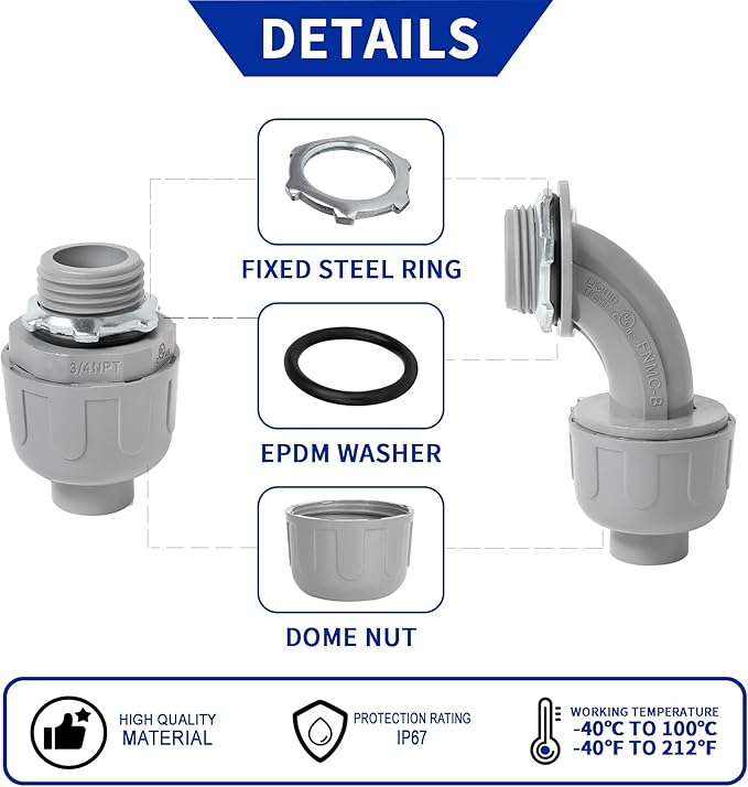 (3/4" Dia * 50 Feet) Yariwiz Flexible Electrical Conduit Liquid Tight PVC Conduit Kit with 5 PCS Coupling, 3 PCS Elbow and 10 PCS Strap, Sealtight Seal Flex Liquidtight Wire Outdoor Non Metallic Grey