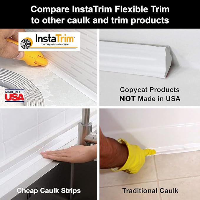 InstaTrim New & Improved Self-Adhesive Caulk Trim, 1/2" x 10', 2-Pack, Flexible, Waterproof, Stain Resistant for Bathroom, Floors, Walls, DIY Project, White