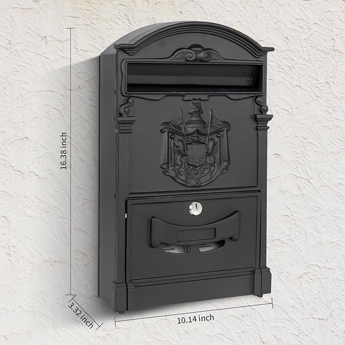Wall Mount Mailboxes, Rust Resistant Locking Wall Mailbox for Outside, Galvanized Steel and Aluminum Stamping Process, Vintage Mailbox with Key Lock Large Capacity Outdoor Decoration, Black