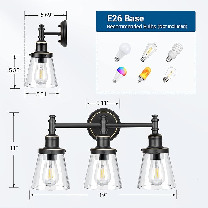 DEWENWILS Bathroom Light Fixtures, 5-Piece All-in-One Bathroom Vanity Lights Over Mirror, 3-Light Bath Wall Mount Sconce with Clear Glass Shade, Towel Bar, Ring, Robe Hook, Toilet Paper Holder