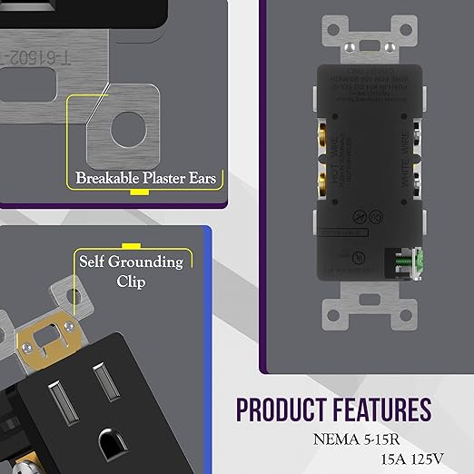 ENERLITES 40 Pack Black Decorator Receptacle with Screwless Wall Plate, Standard Electrical Wall Outlet, 15A 125V, Self-Grounding, 2-Pole, 3-Wire, 5-15R, UL Listed, 61502-TR-BKSID, Tamper Resistant