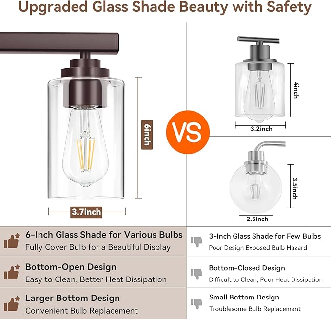 3-Light Bathroom Light Fixtures, 19" Modern Vanity Lights Over Mirror with Clear Glass Shades, Brown Light Fixture, Classic Wall Light Fixture for Mirror Living Room Cabinet Bedroom Porch