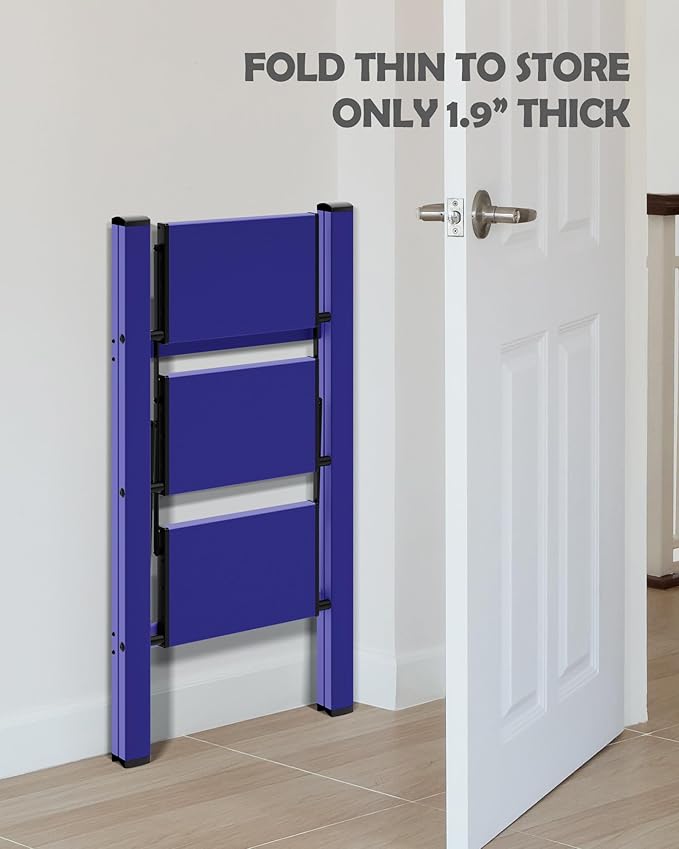 Taranta 3 Step Ladder,Aluminum Lightweight Folding 3 Step Stool with Anti-Slip Wide Pedal,330lbs Capacity Step Ladder for Household,Kitchen,Office - Blue