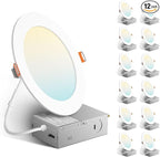 Amico 12 Pack 6 Inch 5CCT Ultra-Thin LED Recessed Ceiling Light with Metal Junction Box, 2700K-5000K Selectable, 12W Eqv 110W, Dimmable Canless Wafer Downlight with Plastic Trim, 1050 Lumens -ETL&FCC