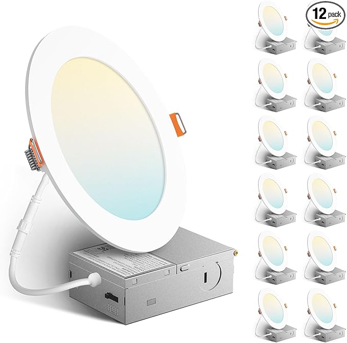 Amico 12 Pack 6 Inch 5CCT Ultra-Thin LED Recessed Ceiling Light with Metal Junction Box, 2700K-5000K Selectable, 12W Eqv 110W, Dimmable Canless Wafer Downlight with Plastic Trim, 1050 Lumens -ETL&FCC