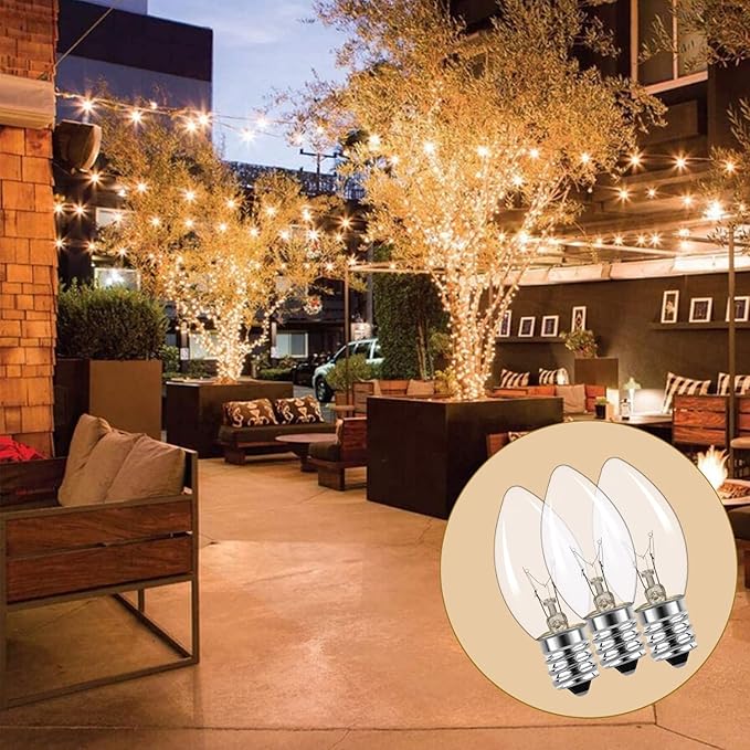 25 Pack C9 Clear Incandescent Replacement Bulbs, C9 Vintage Christmas Lights Outdoor Incandescent Bulbs Fits in C9/E17 Base for Indoor Outdoor Home Party Decorations, 7 Watts Night Light Bulbs