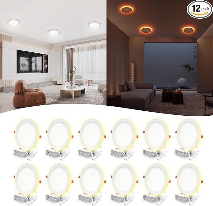 12 Pack 8 Inch 5CCT LED Recessed Ceiling Light with Night Light, Dimmable Canless Wafer Downlight, 2700K/3000K/3500K/4000K/5000K Selectable, Ultra-Thin, 15W, ETL, White