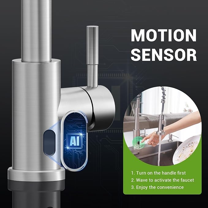 APPASO Touchless Kitchen Faucet with Soap Dispenser, Motion Sensor Activated Hands-Free Automatic Faucet with Pull Down Sprayer, Smart Faucets for Kitchen Sink Brushed Nickel (Battery-Powered)