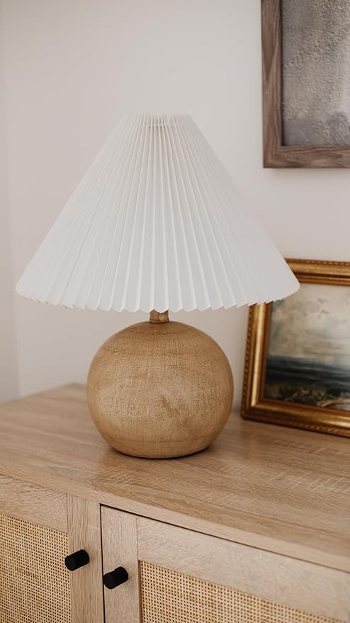 JONATHAN Y JYL1145B Aksel 17.25" Coastal Scandinavian Resin/Iron Sphere LED Table Lamp with Pleated Shade and Pull Chain, Beige Wood Finish/White, for Entry Console, Bedroom, Living Room