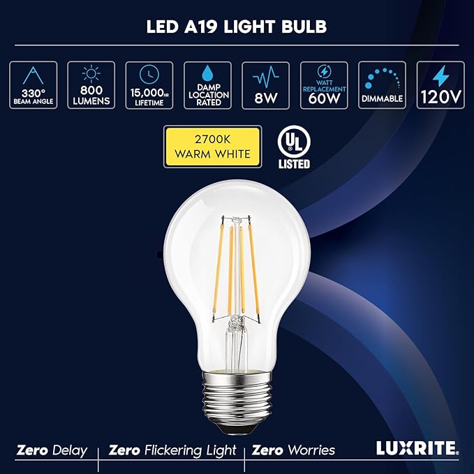 LUXRITE Vintage A19 LED Light Bulbs 60W Equivalent, 2700K Warm White Dimmable, 800 Lumens, Standard LED Edison Bulb 8W, UL Listed, E26 Base (4 Pack)