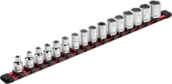 ARES 70202-3/8-Inch Drive Red Aluminum Socket Organizer - Store up to 16 Sockets and Keep Your Tool Box Organized - Sockets Will Not Fall Off this Rail