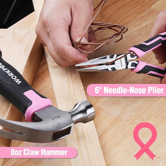 WORKPRO 52-Piece Pink Tools Set, Household Lady Tool Kit with Storage Toolbox, Basic Tool Set for Home, Garage, Apartment, Dorm, New House, Back to School, and as a Gift