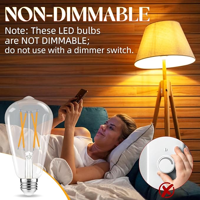 Edison Bulbs, E26 LED Bulb 60 watt Equivalent, Non-Dimmable, Soft White 2700K, ST58 Vintage Light Bulbs, 90+ CRI, 6W 600LM, E26 Medium Base, Clear Glass, 12 Pack