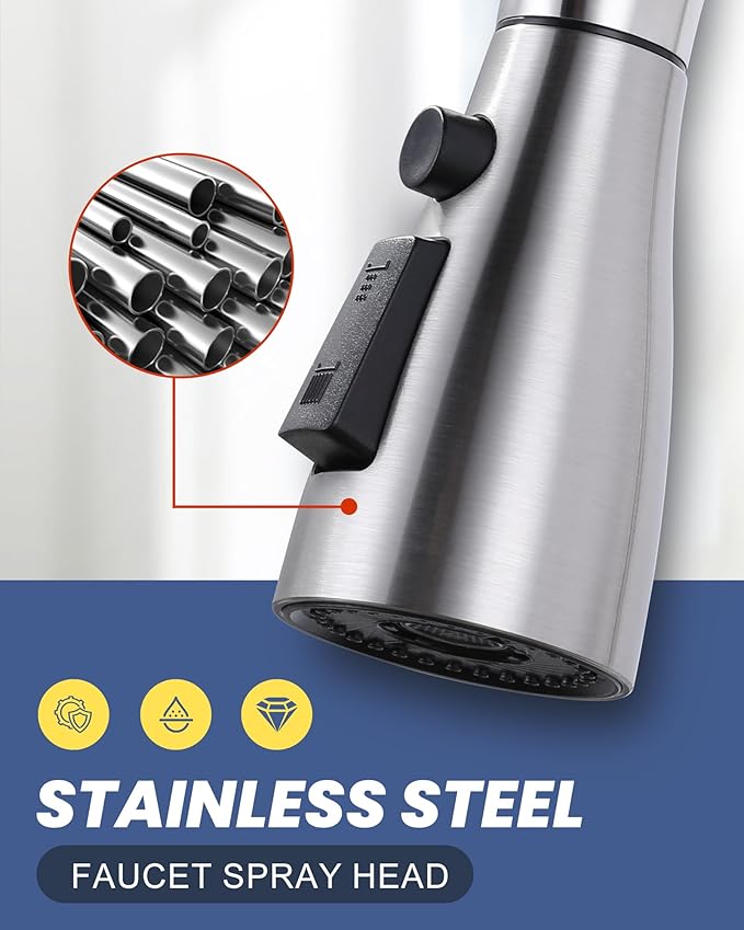 Metal Kitchen Faucet Head Replacement: 3-Function Pull Down Spray Nozzle with 9 Adapters, Sink Sprayer Replacement Compatible with Moen, Delta, American Standard Faucets, Brushed Nickel