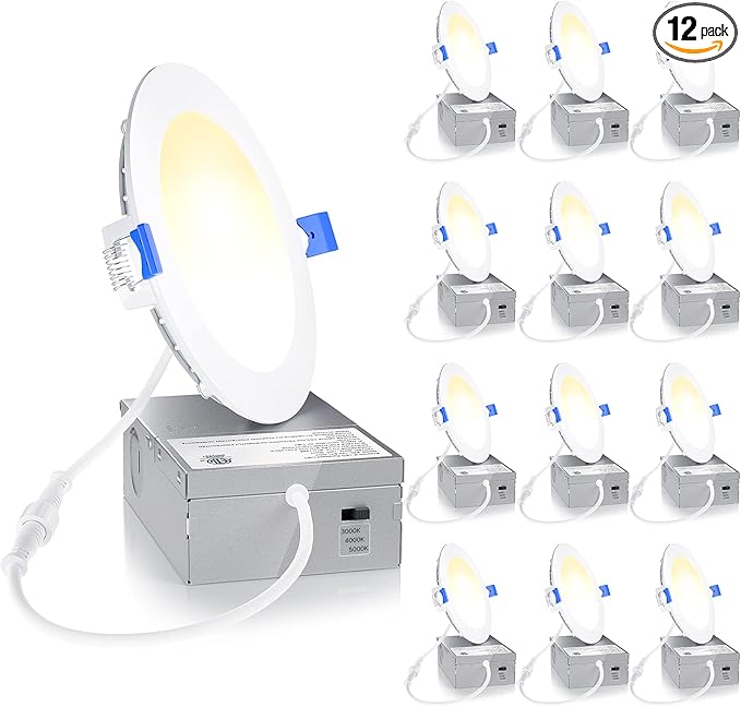 Ensenior 12 Pack 4 Inch LED Recessed Light, Dimmable, 3000K-5000K 3CCT, 750LM High Brightness, 9W 120V, 3 Pin, ERL-9X-ETL, Damp Rated, Ultra-Thin Canless Wafer Ceiling Light - ETL & FCC & IC