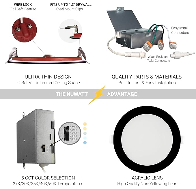 NUWATT 12 Pack 2 Hour 6" Fire Rated Recessed Lighting 6 Inch Wafer LED Lights, 5CCT 2700K/3000K/3500K/4000K/5000K, Wet & IC Rated, 15W, Dimmable 1200LM, 90CRI Black Recessed Light, No Cone Needed, ETL