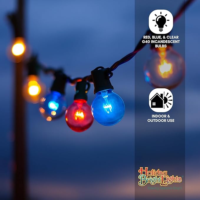 Belle Luci Replacement G40 Incandescent Replacement Bulbs - Red, White, and Blue Glass Globe Bulbs for Outdoor Patio and Seasonal String Lights. (3 PK)