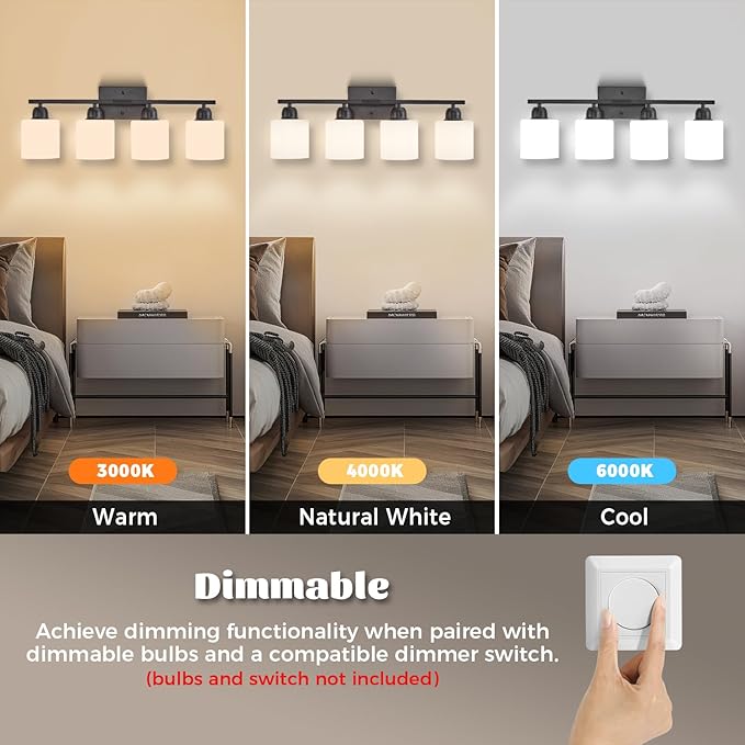 Bathroom Light Fixtures, 4-Light Modern Vanity Light with Milky White Frosted Glass Shades, E26 Socket Wall Lamp, Bathroom Lighting Fixtures Over Mirror Bedroom, Dressing Room (Matte Black, 4-Light)