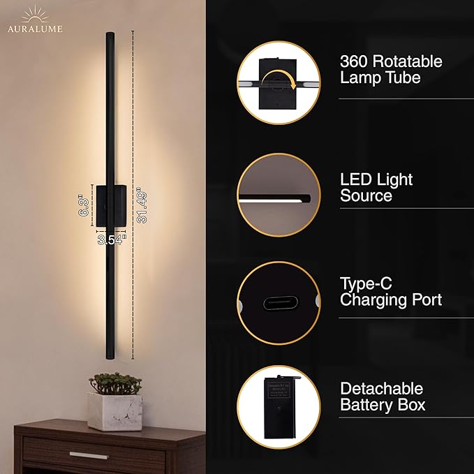 Auralume Wall Sconce Set of Two – Battery Operated LED Wall Lights with Remote, Dimmable, 4 Color Temps 3000K–6000K, 20,000mAh Rechargeable, Modern Indoor Wall Lamps
