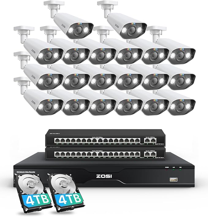 ZOSI 32 Channel 4K Security Camera System, 20x 4K Spotlight Commercial PoE Cameras Outdoor Indoor, Face Person Vehicle Detection, 2 Way Audio, 32CH 8MP Surveillance NVR with 8TB HDD for 24/7 Recording