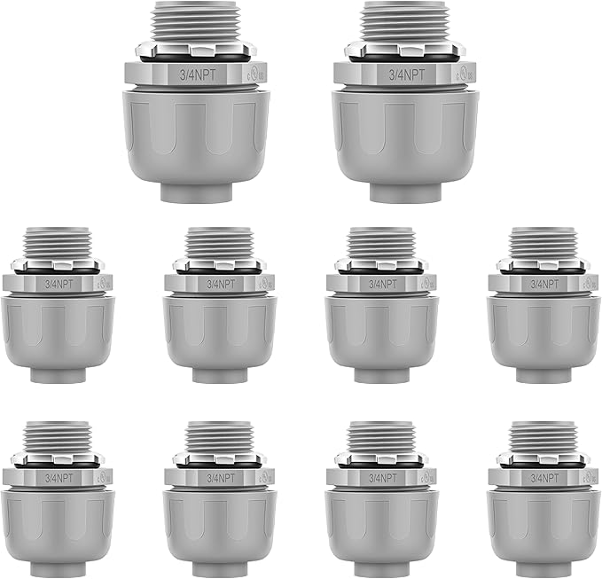 10 PCS 3/4" Liquid Tight Connector NPT Non-Metallic for PVC Electrical Flexible Conduit Fittings - Sturdy, Quick Installation, UL Listed for Home Outdoor Tubes Tools