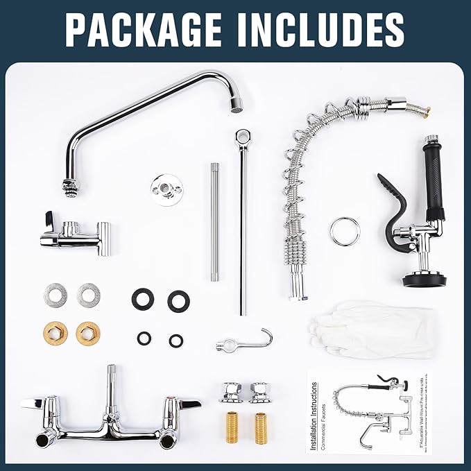 Commercial Faucet with Sprayer, 25 Inch Height Commercial Sink Faucet Wall Mount with 8" Adjustable Center and 12" Add-on Swing Spout & Pull Down Pre Rinse Sprayer