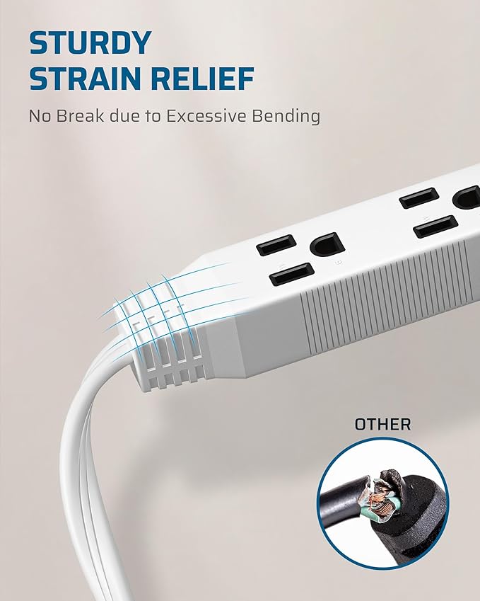 DEWENWILS 6FT Flat Plug Extension Cord, 3 Prong Ultra Thin Power Strip, 13A/125V/1625W, 16/3 Awg Grounded Flat Power Cable for Indoor Narrow Space, SPT-3 Cord, ETL Listed, White, 2 Pack