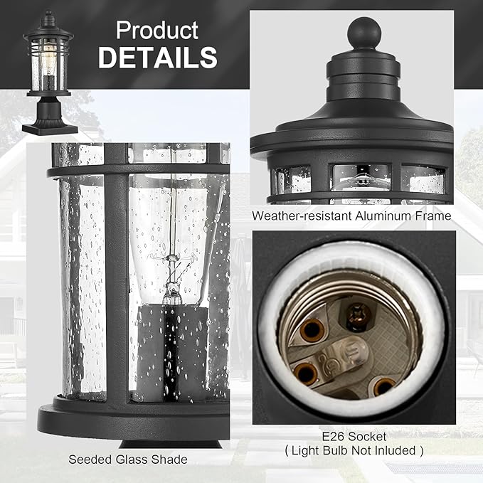 Darkaway Outdoor Post Lights Lamp Posts Outdoor Lighting, Waterproof Aluminum Post Lights Outdoor Light Fixtures with Glass, Light Posts for Outside Patio Yard (1 Pack, Black)