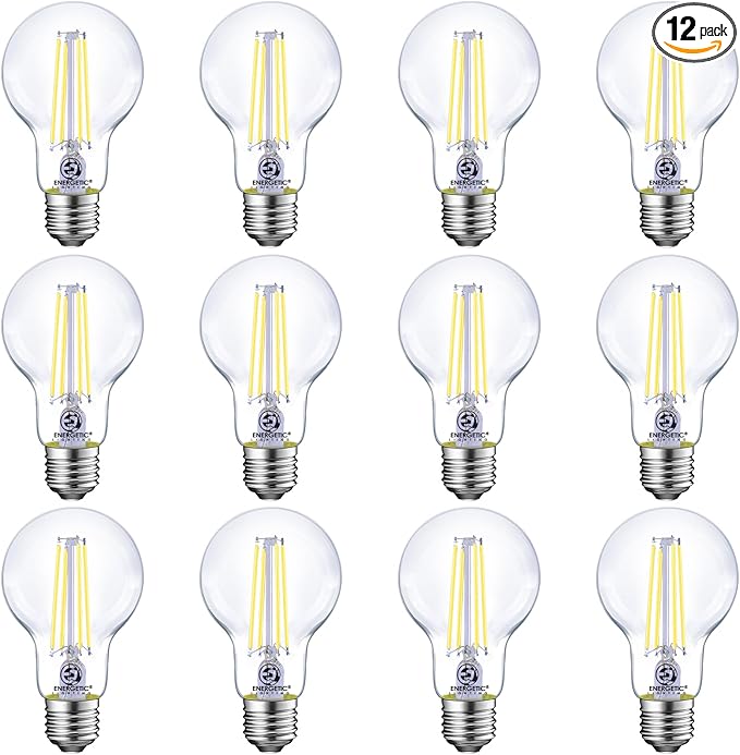 Energetic Dimmable LED Filament Light Bulbs Clear, 8W, 60 Watt Equivalent, Daylight 5000K, Classic Clear Glass, A19 LED Edison Bulb, 12 Pack