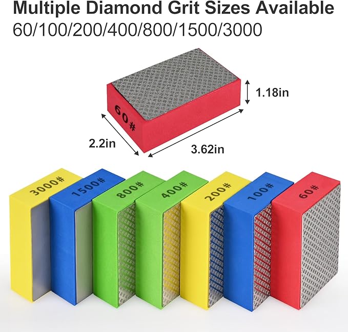 7pcs Diamond Hand Polishing Pads for Ceramic Tile Glass Grinding,Sanding Blocks Polishing 60#,100#,200#,400#,800#,1500#,3000#