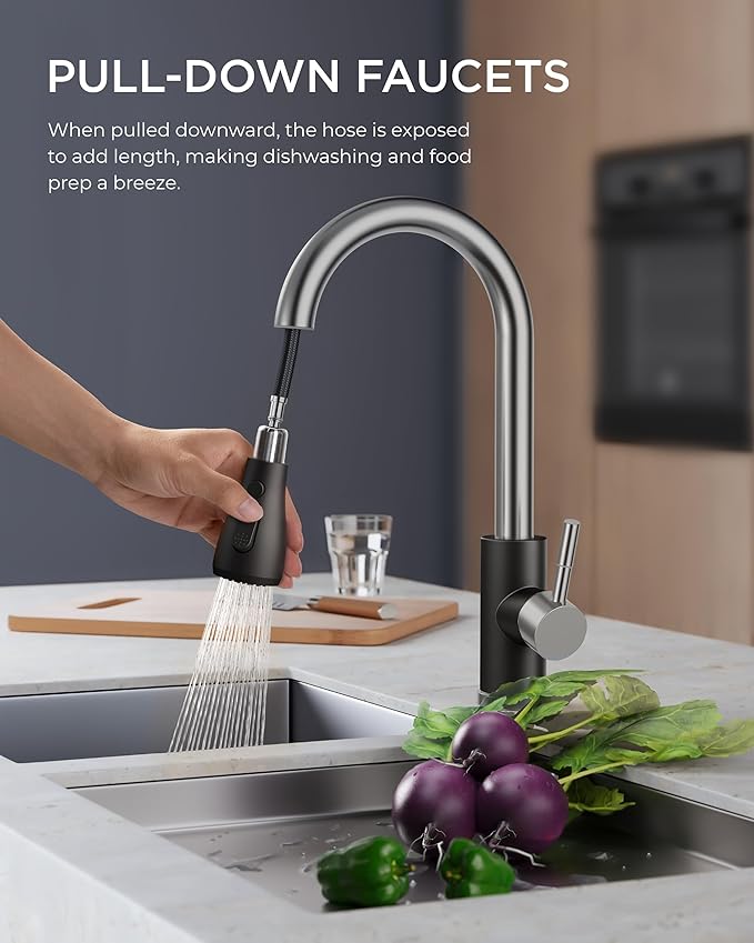 FORIOUS Kitchen Faucets with Pull Down Sprayer, High Arc Single Handle Classic Stainless Steel Sink Faucet 1 or 3 Hole, Suitable for Farmhouse Camper Laundry Rv Bar, Black Brushed