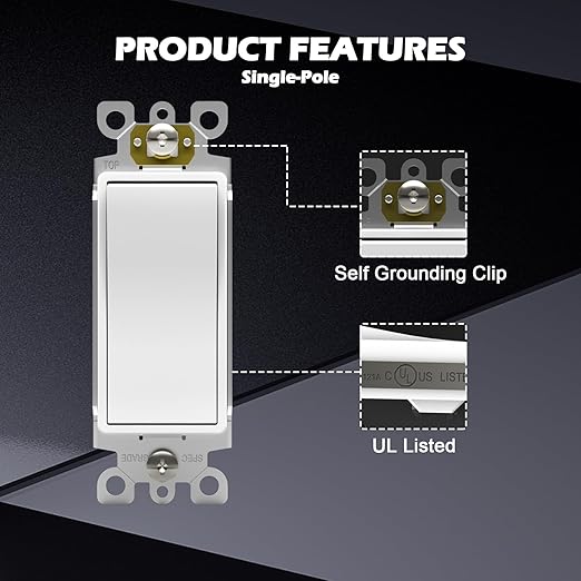 ThunderWay Single Pole Light Switch, Rocker Wall Light Switch, 15A 120/277V, Decorator On/Off Rocker Paddle Interrupter, UL Listed, White, 10 Pack