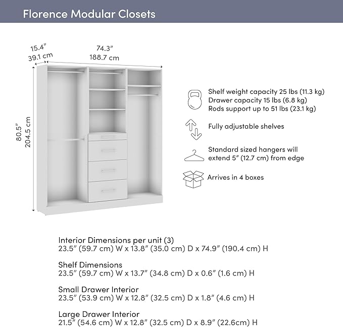 Bestar 75W x 16D Modular Closet Organizer System, Reach-in Closet with Rods, Shelves, and Drawers, Slab Style, Florence Collection, White