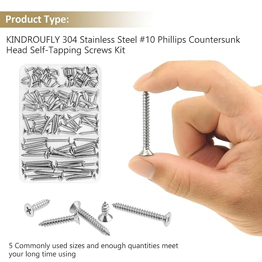 112 Pieces #10 x 1/2" 3/4" 1" 1-1/4" 1-1/2" Phillips Countersunk Head Self-Tapping Screws, Wood Screws Assortment Kit, 304 Stainless Steel