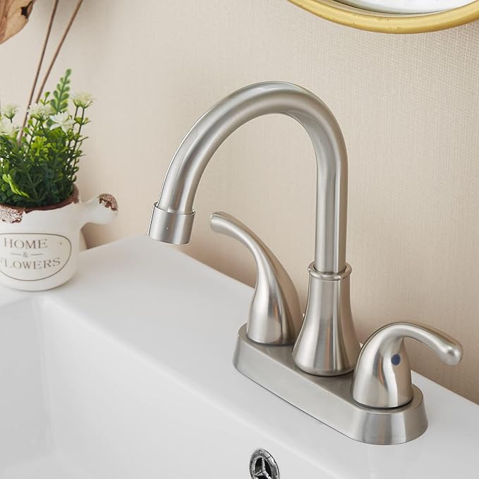 Bathroom Sink Faucet FRANSITON 4 Inch Faucet 2 Handle Bathroom Sink Faucets Lead-Free Brushed Nickel Bath Sink Faucets with Pop-up Drain Stopper and Supply Hoses
