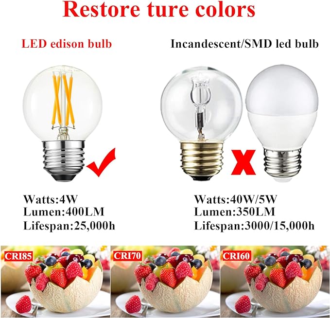 Arberlic G16.5 Light Bulb LED,4W E26 LED Bulb dimmable Equivalent E26 40 watt Light Bulb,Warm White 2700K,400lm,CRI85+,AC120V,Edison Style,Clear Glass,Flicker Free,Pack of 6