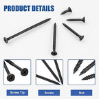 Wood Screws Assortment Kit, 168 PCS, High Hardness Phillips Drive Screws Set, Black Flat Head Wood Screws, Carbon Steel, 5 Sizes, Self-Tapping Screws for Wood, Drywall, Slate