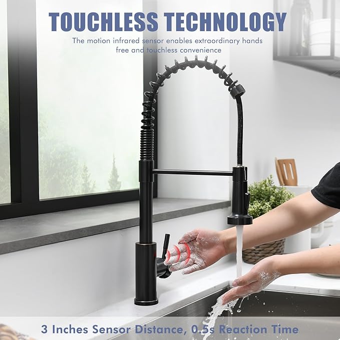 GIMILI Oil Rubbed Bronze Touchless Kitchen Faucet with Pull Down Sprayer Motion Sensor Smart Hands-Free Activated Single Hole Spring Faucet for Kitchen Sink