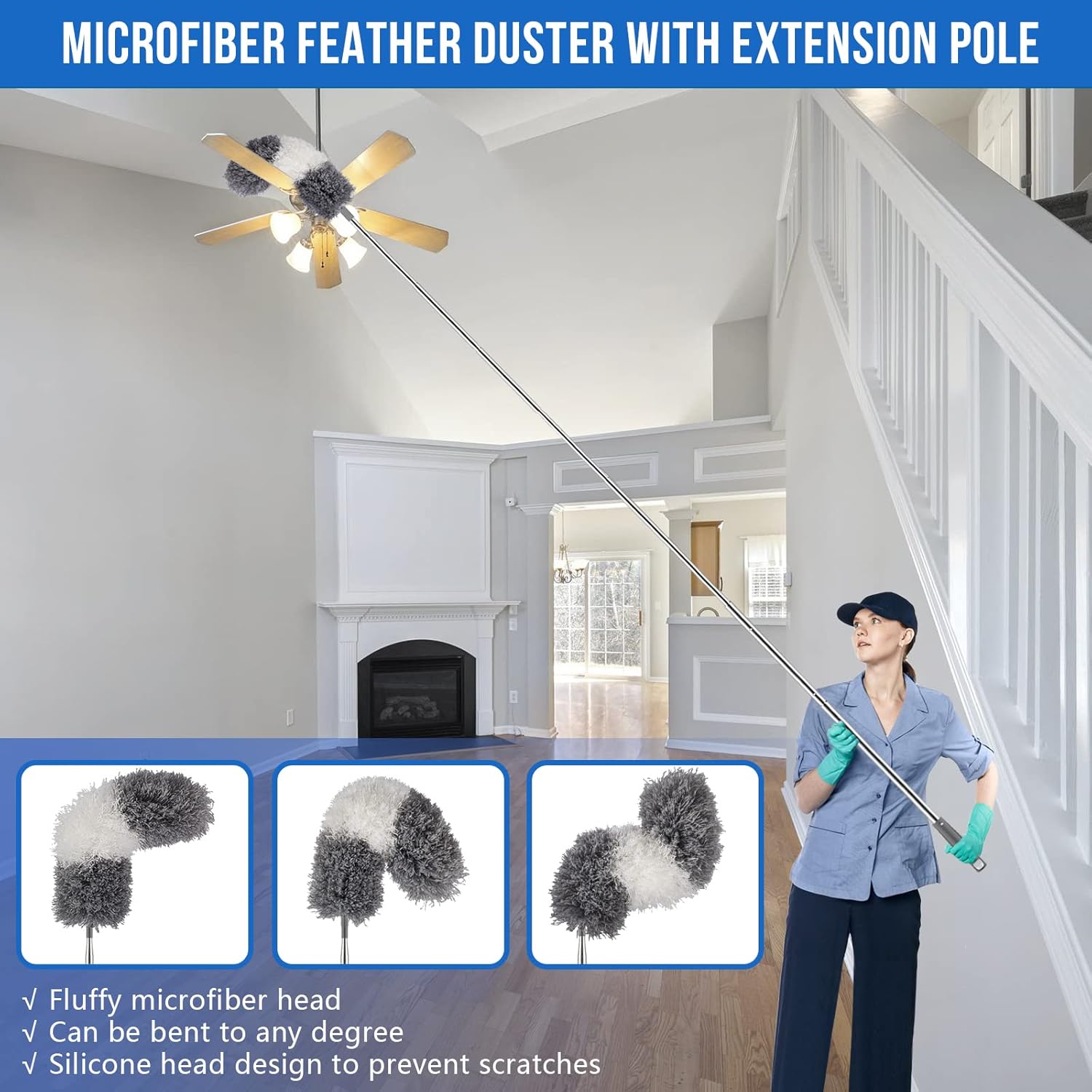 Microfiber Feather Duster Kit with Extension Pole (30–100") – Bendable Washable Heads, Extendable Dusters for Cleaning Ceiling Fan, High Ceiling, Blinds, Furniture & Cars (5 Pcs)