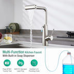 CREA Waterfall Kitchen Faucets with Soap Dispenser Built-in,4 Modes Bar Sink Faucet with Pull Down Sprayer,Single Handle 1 Hole Utility Faucet for Laundry Brushed Nickel Stainless Steel