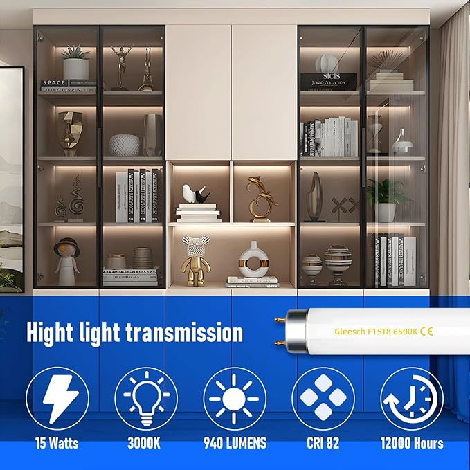 15W 18" T8 Linear Fluorescent Light Tube Bulb, 1.5 Feet F15T8 DL Medium Bi-Pin G13 Base 6500K Daylight 12 Pack