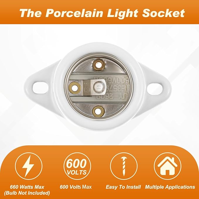 8 Pcs E26 Light Socket Porcelain Lamp Holder Socket Medium Keyless Threaded Base with Two Hole Flange Mounting and 6" Wire Indoor Garage Closet Lighting