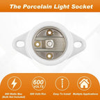 6 Pcs E26 Light Socket Porcelain Lamp Holder Socket Medium Keyless Threaded Base with Two Hole Flange Mounting and 6" Wire Indoor Garage Closet Lighting