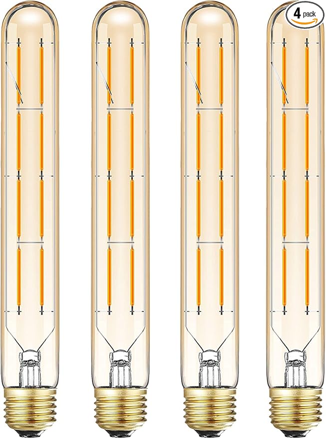 Dimmable Led Tubular Bulb,8.9inch Long Tube Edison Light Bulbs Vintage Filament Bulb 8W,75W Equivalent,2700K Warm White,Amber Glass Cover E26 Medium Base. (4-Pack)