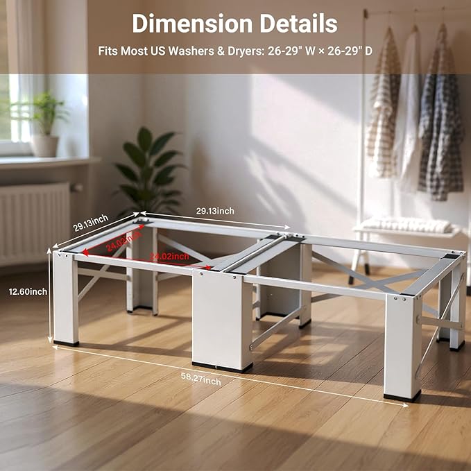 SKM 2-in-1 Washer & Dryer Pedestal Stand, 29" Universal Laundry Raiser for 4.8-5.3 cu. ft. Machines | Heavy-Duty Steel, 700LB Capacity | 12.6" Ergonomic Height, White