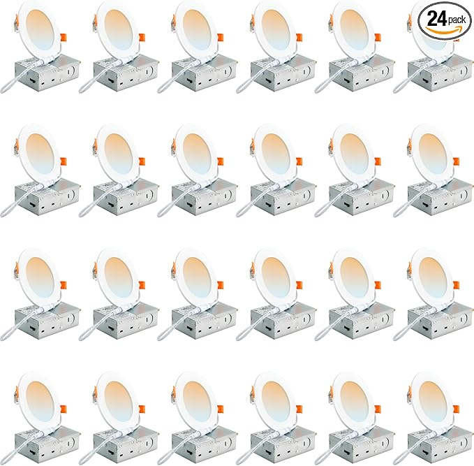DLLT LED Recessed Ceiling Light: 24 Pack 4 Inch Recessed Lighting for Kitchen - 5CCT Dimmable Canless Wafer Downlight for Living Room - 900LM Brightness 9W LED Can Lights for Bedroom ETL FCC