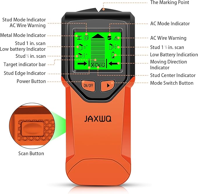 Stud Finder Wall Scanner - 5 in 1 Stud Finder Tool w/Smart Chip and HD LCD Display, Stud Detector Beam Finders for the Center and Edge of Wood AC Wire Metal Studs Joist Pipe (BloodOrange)