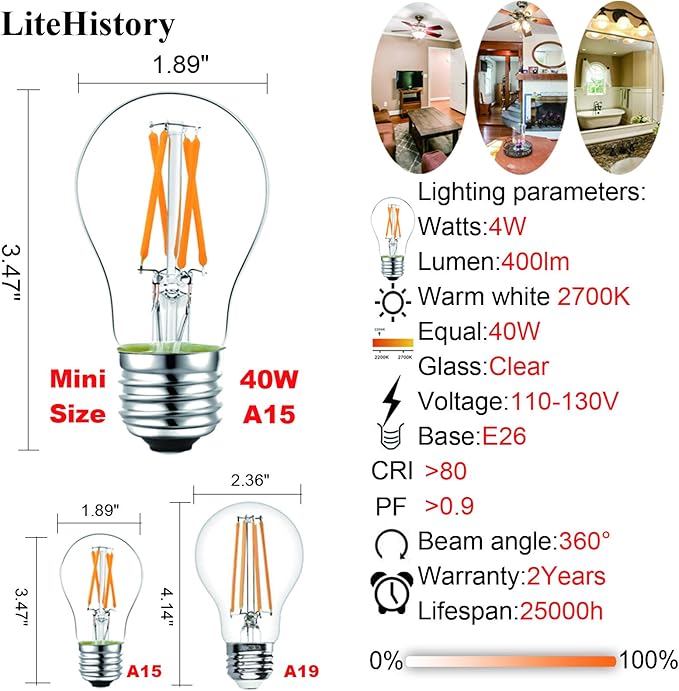 LiteHistory dimmable A15 led Bulb 4W equal 40 Watt e26 led bulb AC120V Vintage led edison bulb for Ceiling fan light bulbs,Appliance Bulb and Refrigerator Light Bulb Warm white 2700K 400lm clear 4Pack